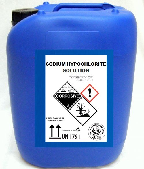 Illustrative Sodium Hypochlorite solution container with hazard label